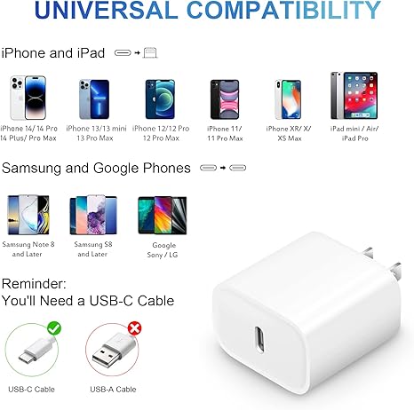 iPhone 14 13 12 Charger Fast Charging 20W PD USB C Wall Charger with 6FT Fast Charging Cable Compatible iPhone 14/13/12/11/Pro/Pro Max/Mini/Xs Max/XR/X, iPad